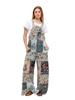 26887 | Yak & Yeti Boho Whimsical Mushroom Patchwork Overalls | Sizes S/M-L/XL